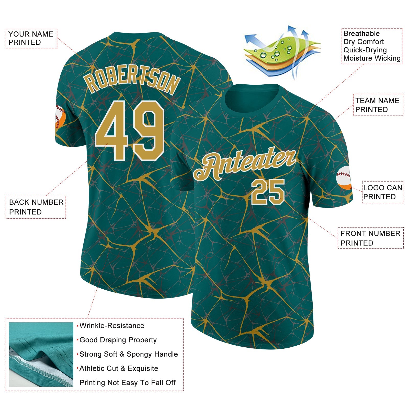 Custom Teal Old Gold Gray-White Abstract Network Crackle Performance T-Shirt
