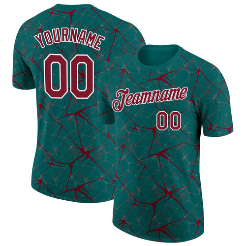 Custom Teal Crimson Gray-White Abstract Network Crackle Performance T-Shirt