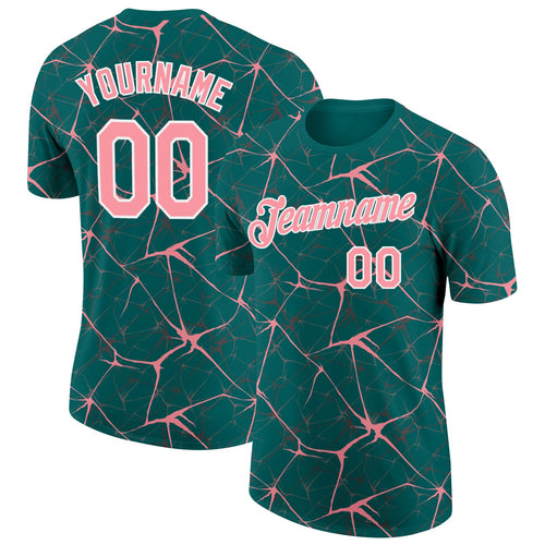 Custom Teal Medium Pink Gray-White Abstract Network Crackle Performance T-Shirt
