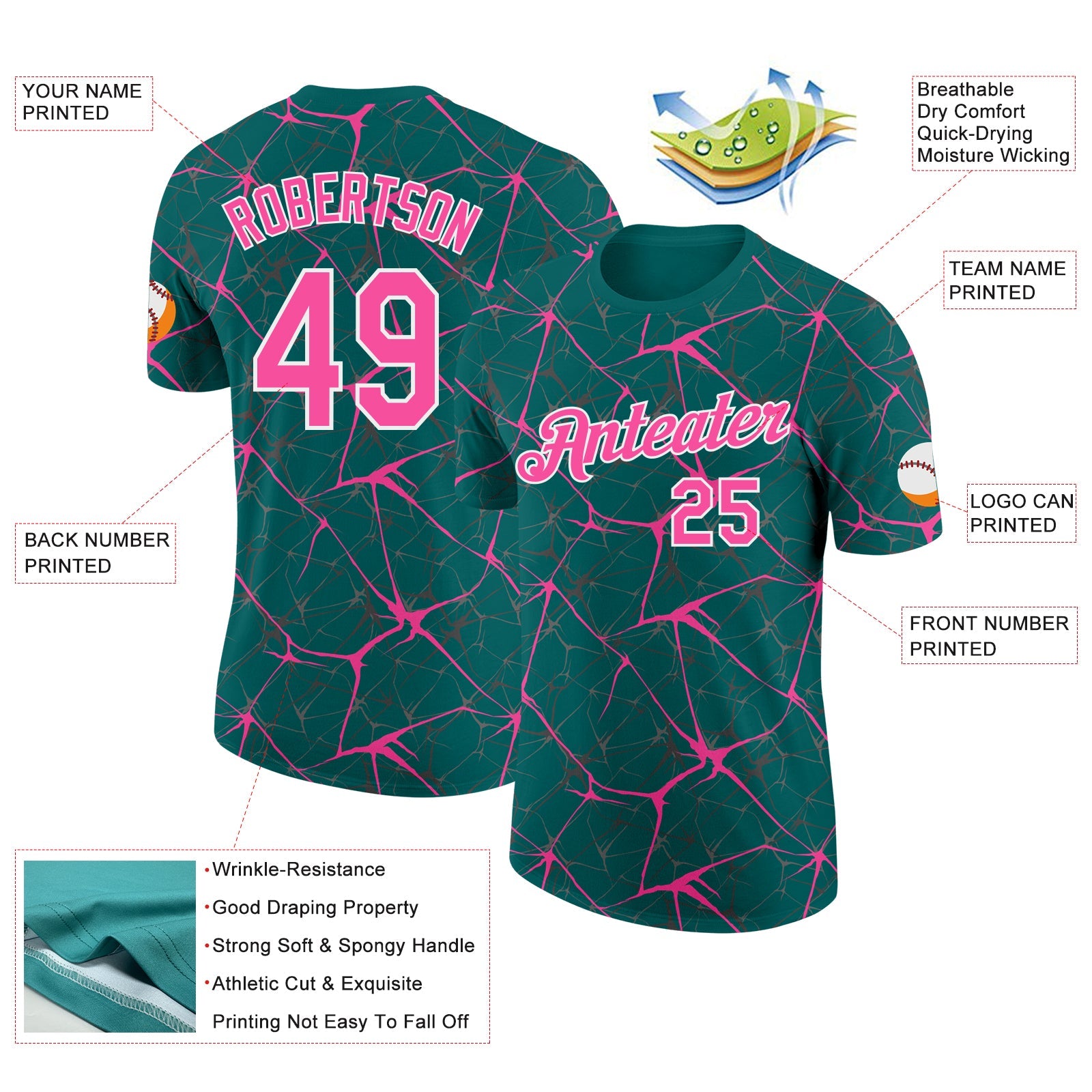 Custom Teal Pink Gray-White Abstract Network Crackle Performance T-Shirt