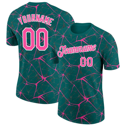 Custom Teal Pink Gray-White Abstract Network Crackle Performance T-Shirt