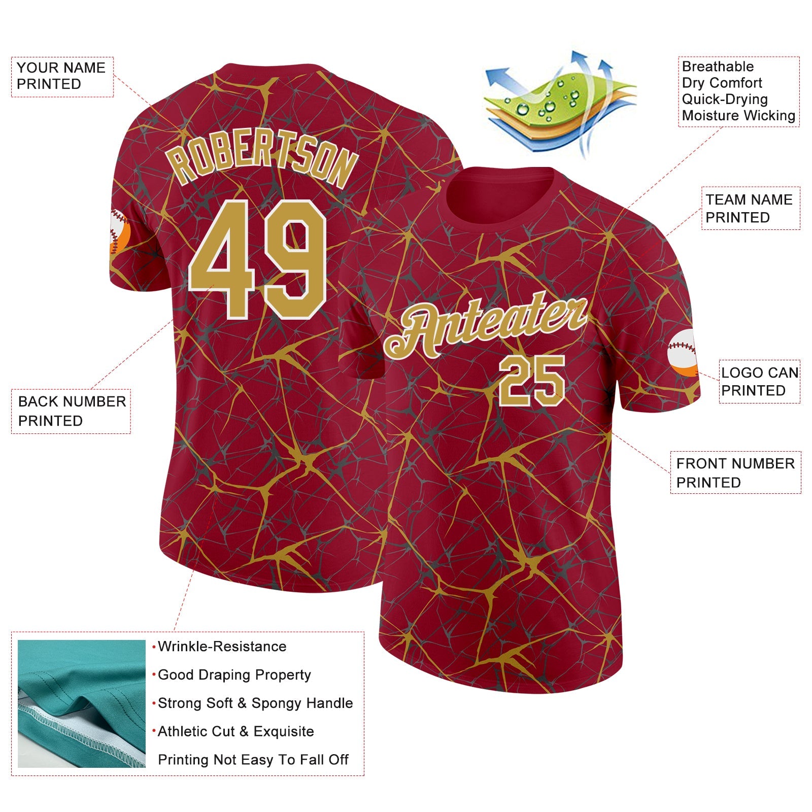 Custom Crimson Old Gold Gray-White Abstract Network Crackle Performance T-Shirt