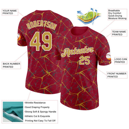 Custom Crimson Old Gold Gray-White Abstract Network Crackle Performance T-Shirt