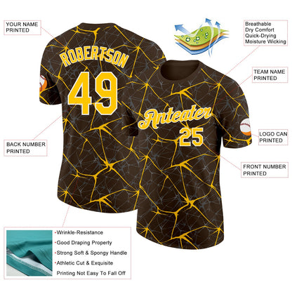 Custom Brown Yellow Gray-White Abstract Network Crackle Performance T-Shirt