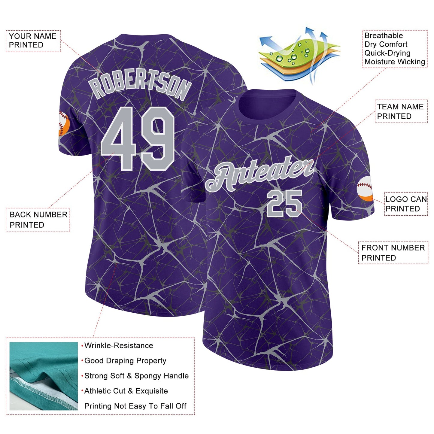 Custom Purple Gray-White Abstract Network Crackle Performance T-Shirt