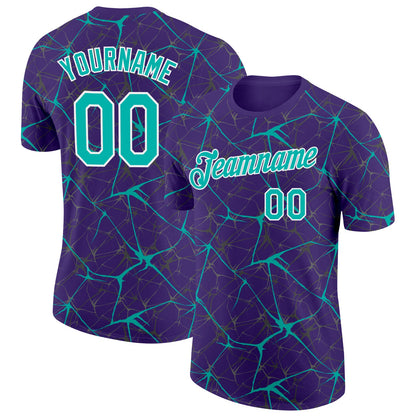 Custom Purple Aqua Gray-White Abstract Network Crackle Performance T-Shirt