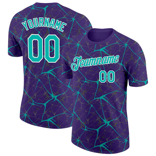 Custom Purple Aqua Gray-White Abstract Network Crackle Performance T-Shirt