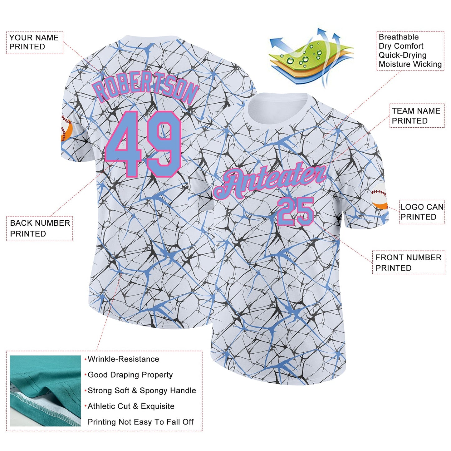 Custom White Powder Blue Gray-Pink Abstract Network Crackle Performance T-Shirt