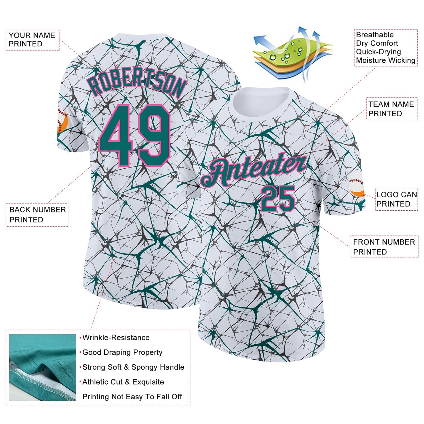 Custom White Teal Gray-Pink Abstract Network Crackle Performance T-Shirt