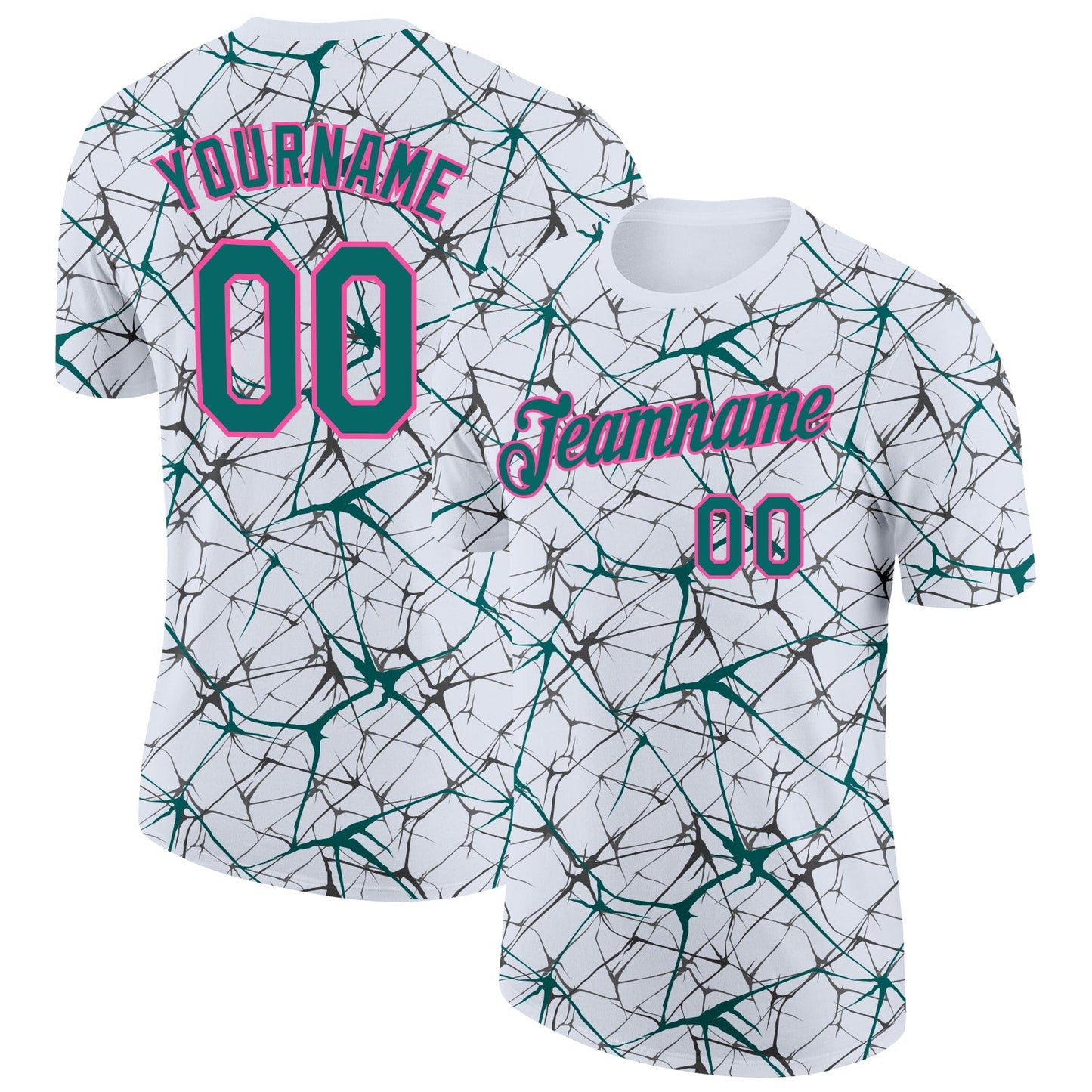 Custom White Teal Gray-Pink Abstract Network Crackle Performance T-Shirt