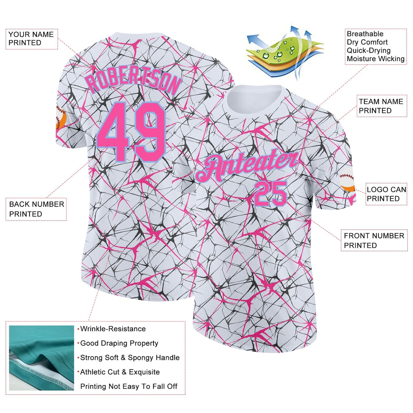Custom White Pink Gray-Light Blue Abstract Network Crackle Performance T-Shirt