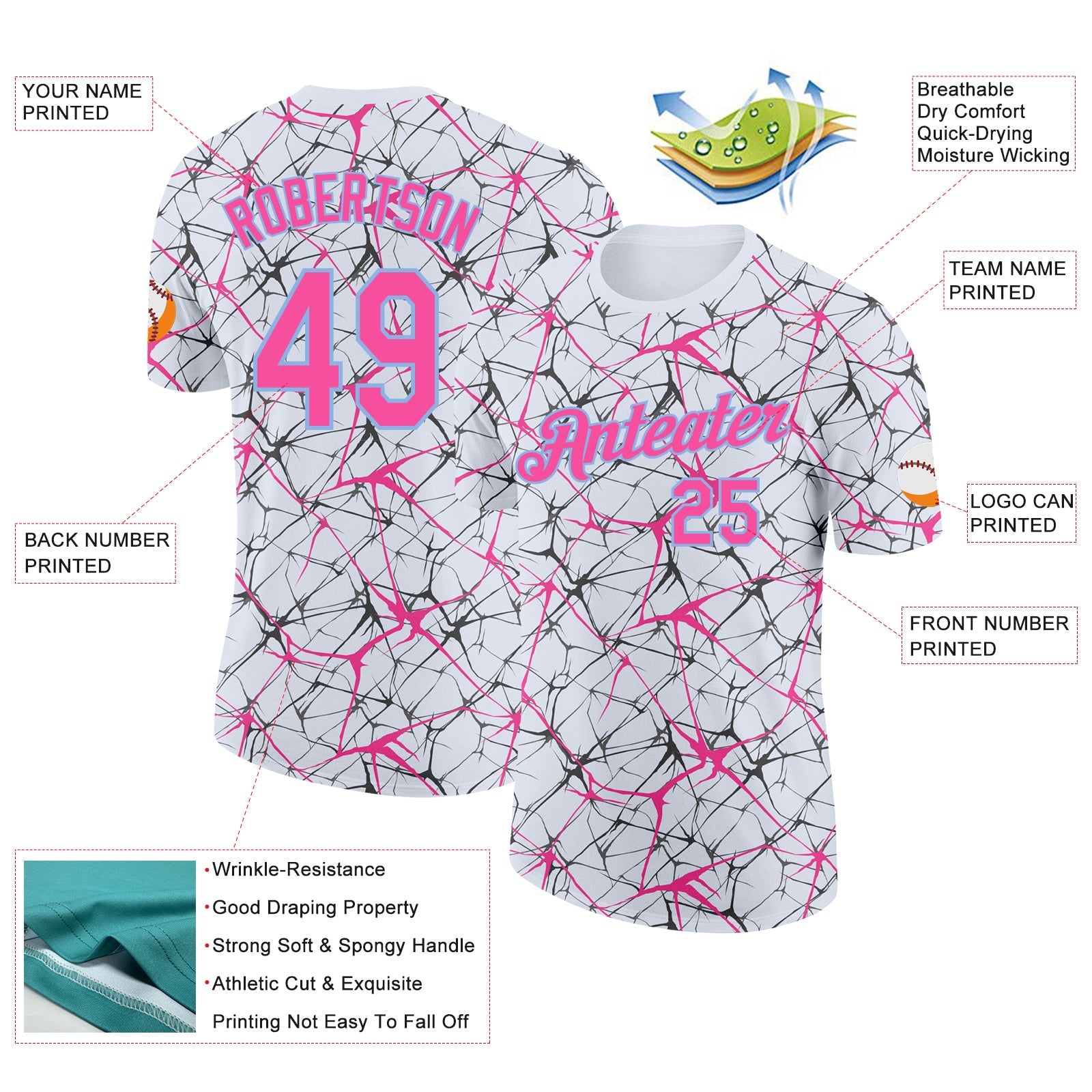 Custom White Pink Gray-Light Blue Abstract Network Crackle Performance T-Shirt