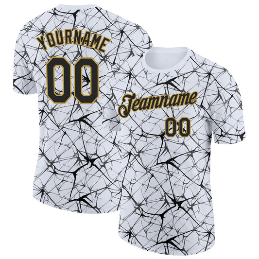Custom White Black Gray-Old Gold Abstract Network Crackle Performance T-Shirt