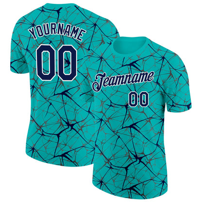 Custom Aqua Navy Gray-White Abstract Network Crackle Performance T-Shirt