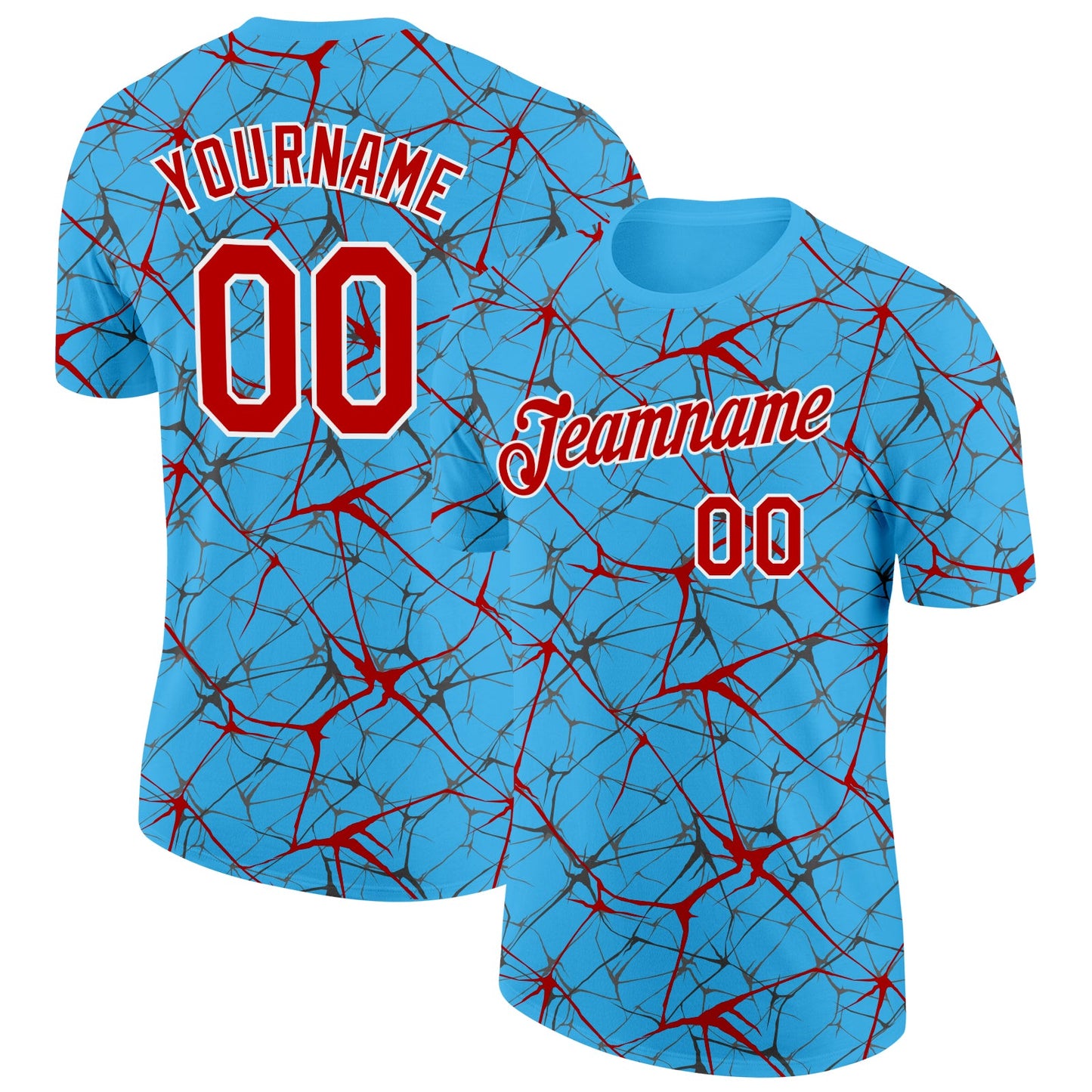 Custom Sky Blue Red Gray-White Abstract Network Crackle Performance T-Shirt