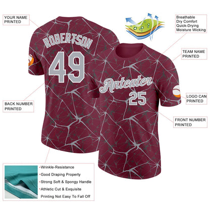 Custom Burgundy Gray-White Abstract Network Crackle Performance T-Shirt