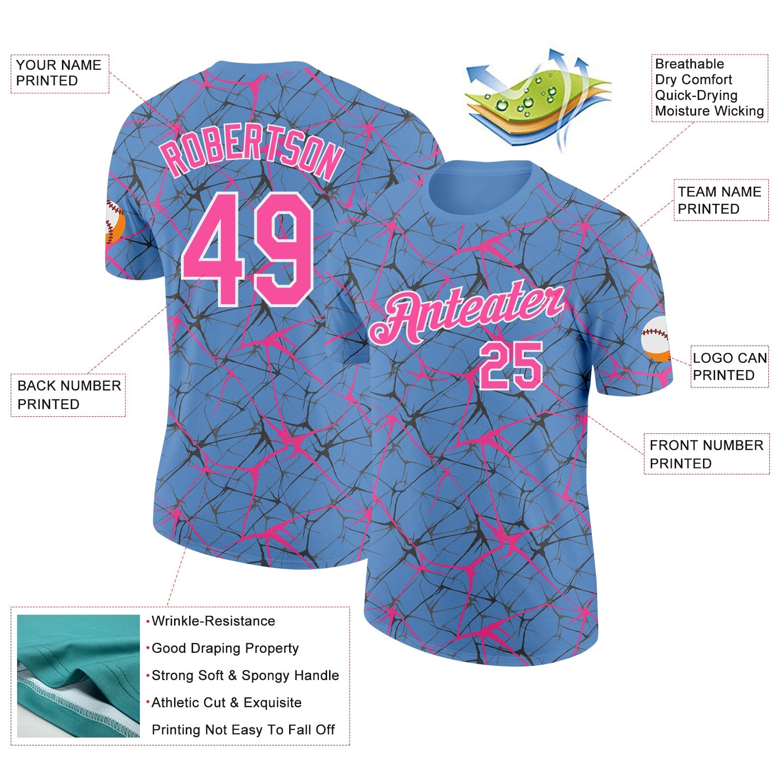 Custom Light Blue Pink Gray-White Abstract Network Crackle Performance T-Shirt