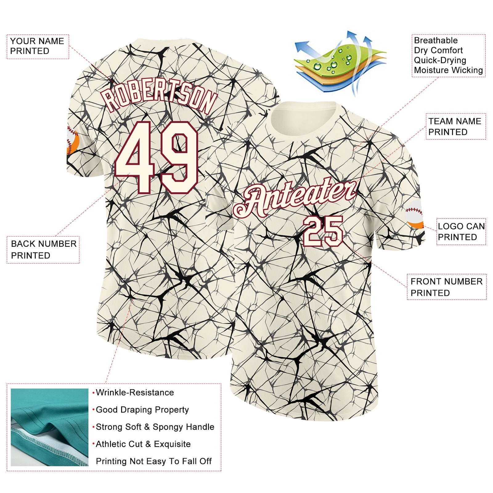 Custom Cream Black Gray-Crimson Abstract Network Crackle Performance T-Shirt
