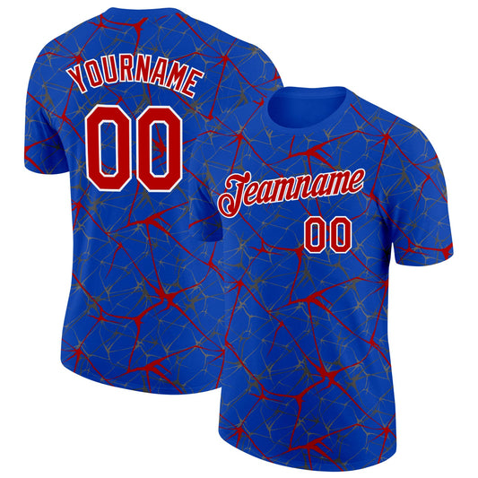 Custom Thunder Blue Red Gray-White Abstract Network Crackle Performance T-Shirt
