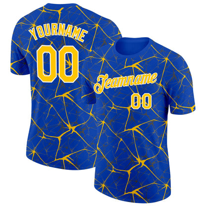 Custom Thunder Blue Yellow Gray-White Abstract Network Crackle Performance T-Shirt