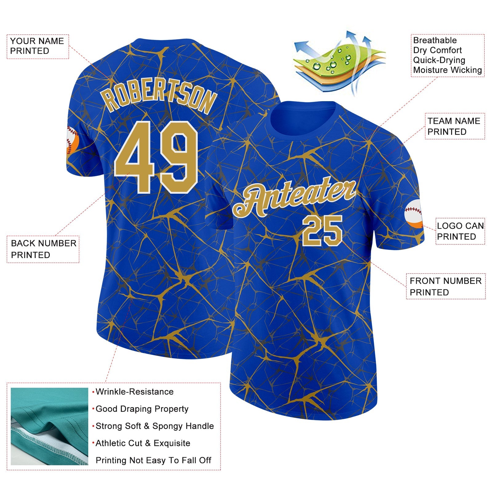 Custom Thunder Blue Old Gold Gray-White Abstract Network Crackle Performance T-Shirt