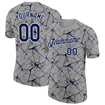 Custom Gray Navy-White Abstract Network Crackle Performance T-Shirt