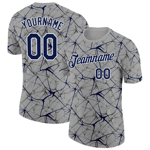 Custom Gray Navy-White Abstract Network Crackle Performance T-Shirt