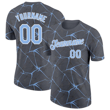 Custom Steel Gray Light Blue-White Abstract Network Crackle Performance T-Shirt