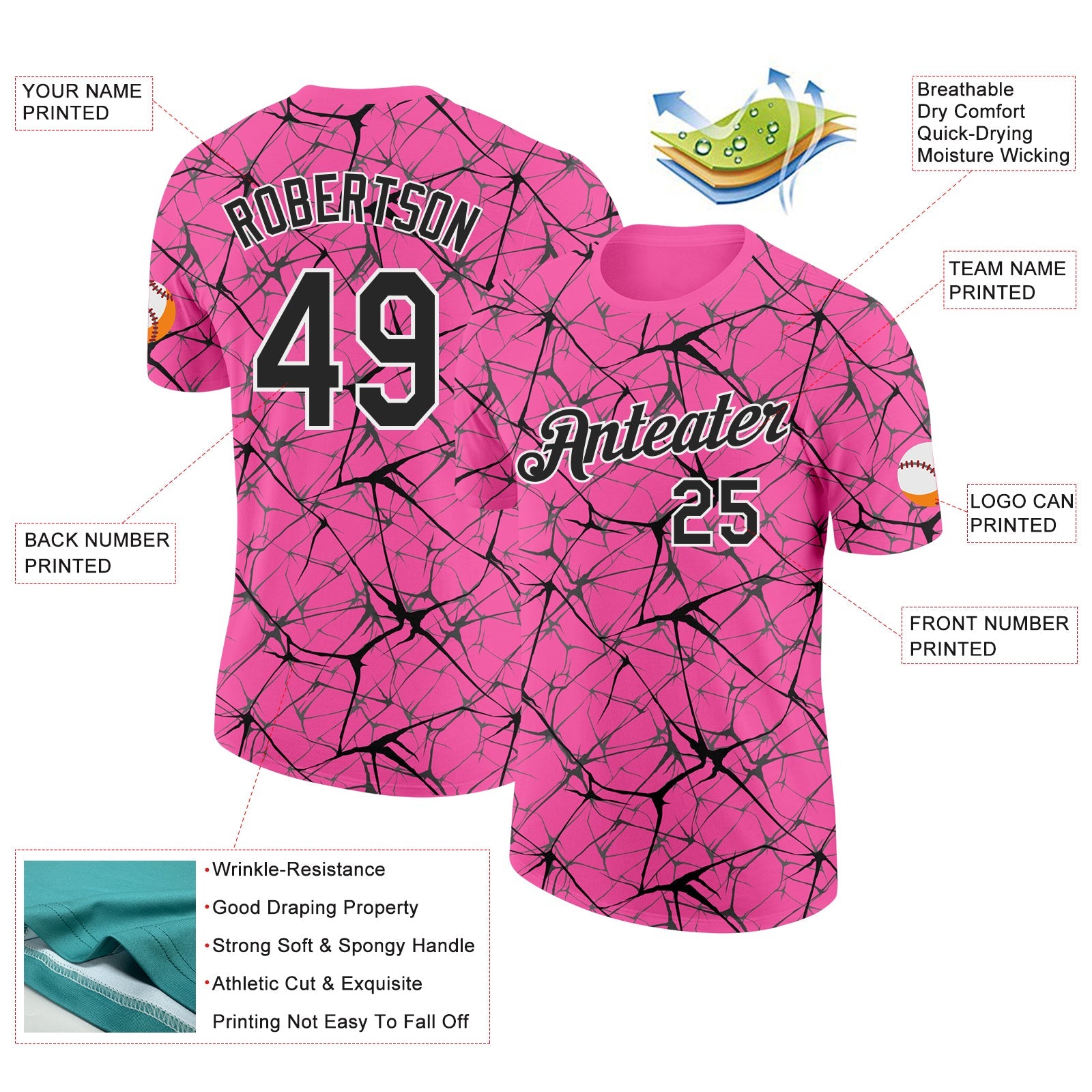 Custom Pink Black Gray-White Abstract Network Crackle Performance T-Shirt