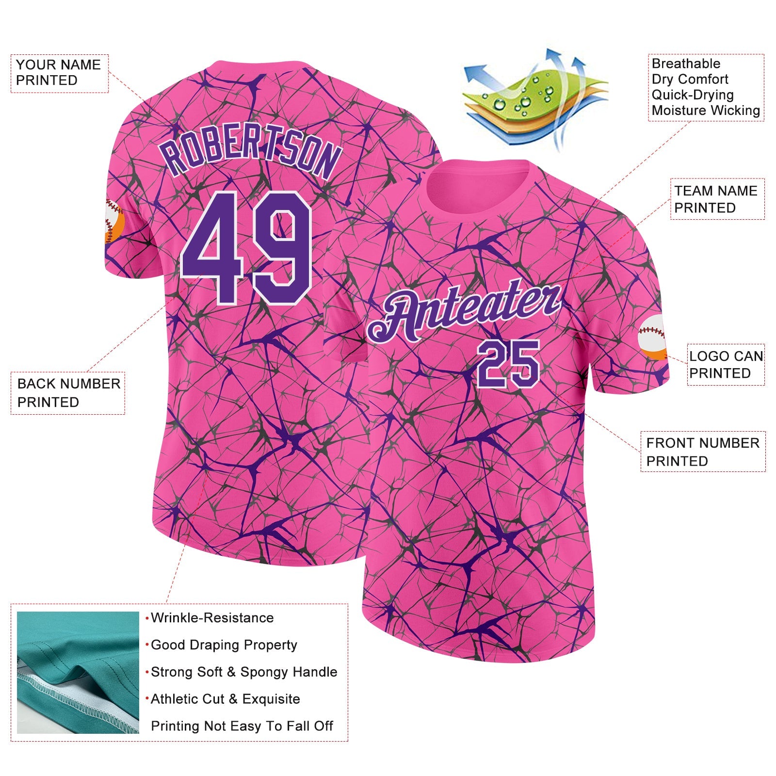 Custom Pink Purple Gray-White Abstract Network Crackle Performance T-Shirt