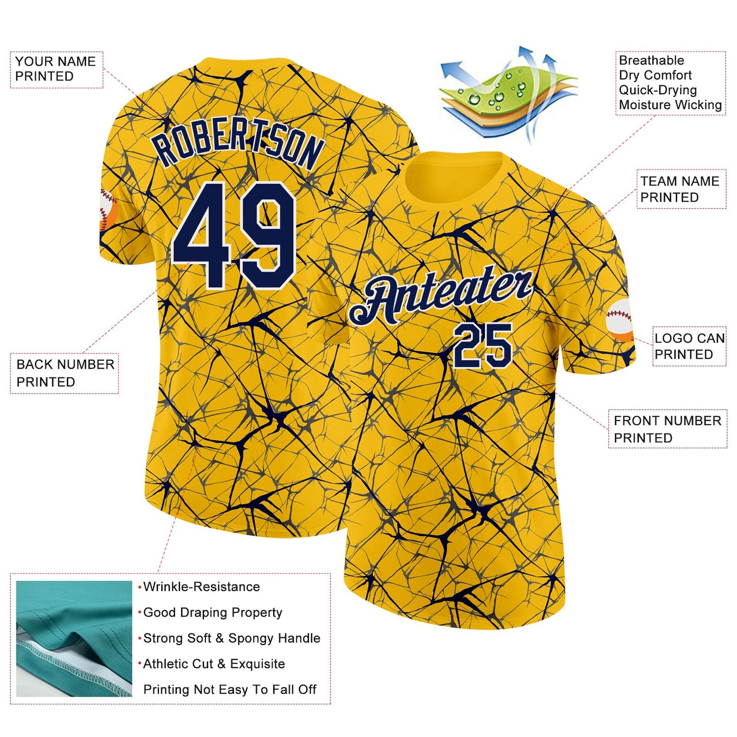 Custom Yellow Navy Gray-White Abstract Network Crackle Performance T-Shirt