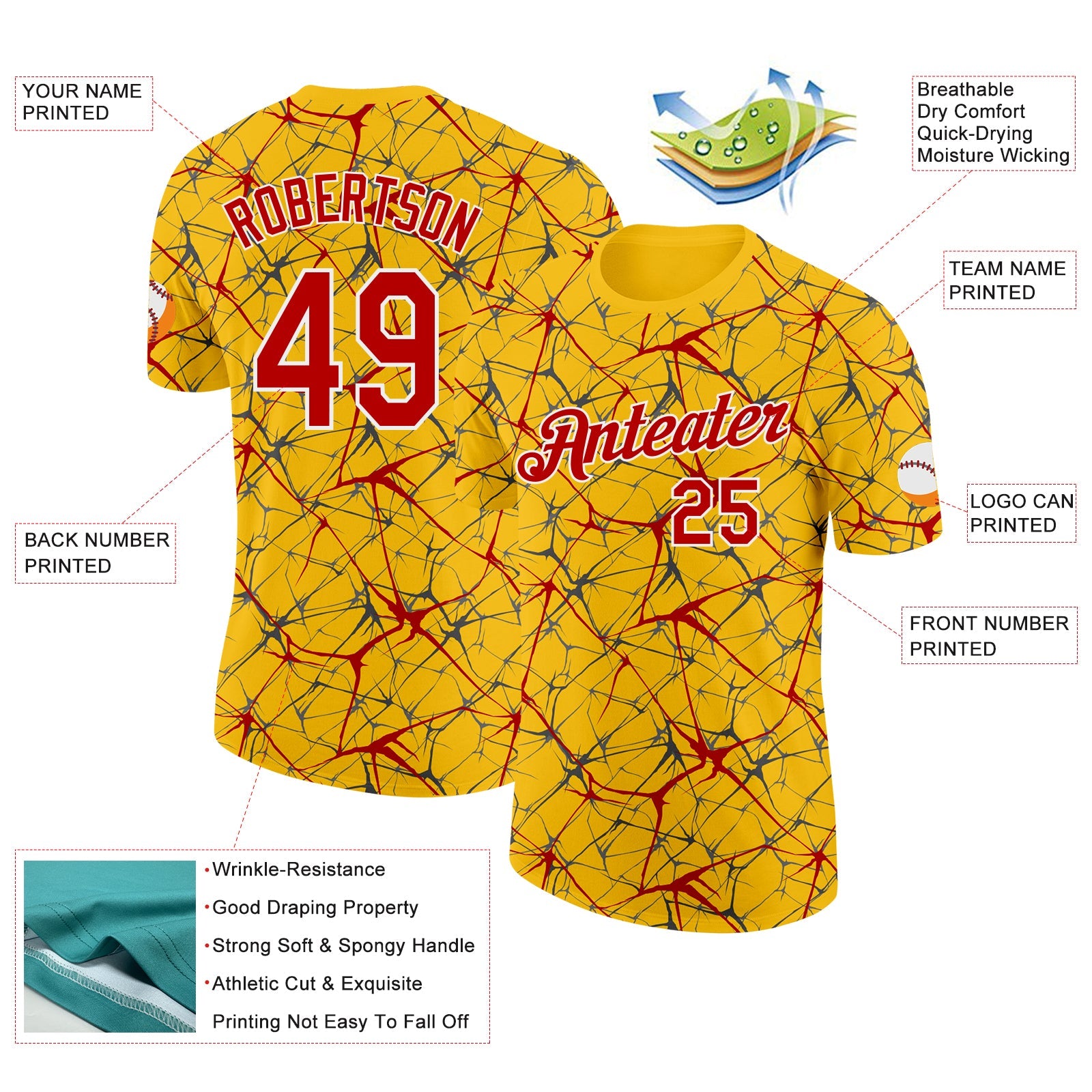 Custom Yellow Red Gray-White Abstract Network Crackle Performance T-Shirt