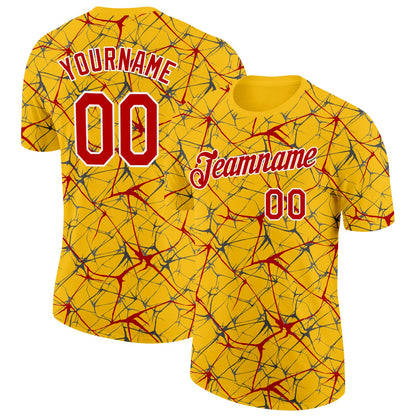 Custom Yellow Red Gray-White Abstract Network Crackle Performance T-Shirt