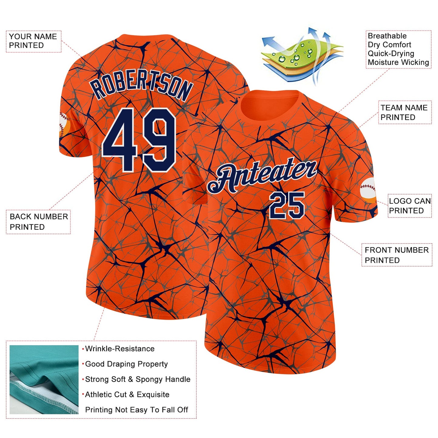 Custom Orange Navy Gray-White Abstract Network Crackle Performance T-Shirt