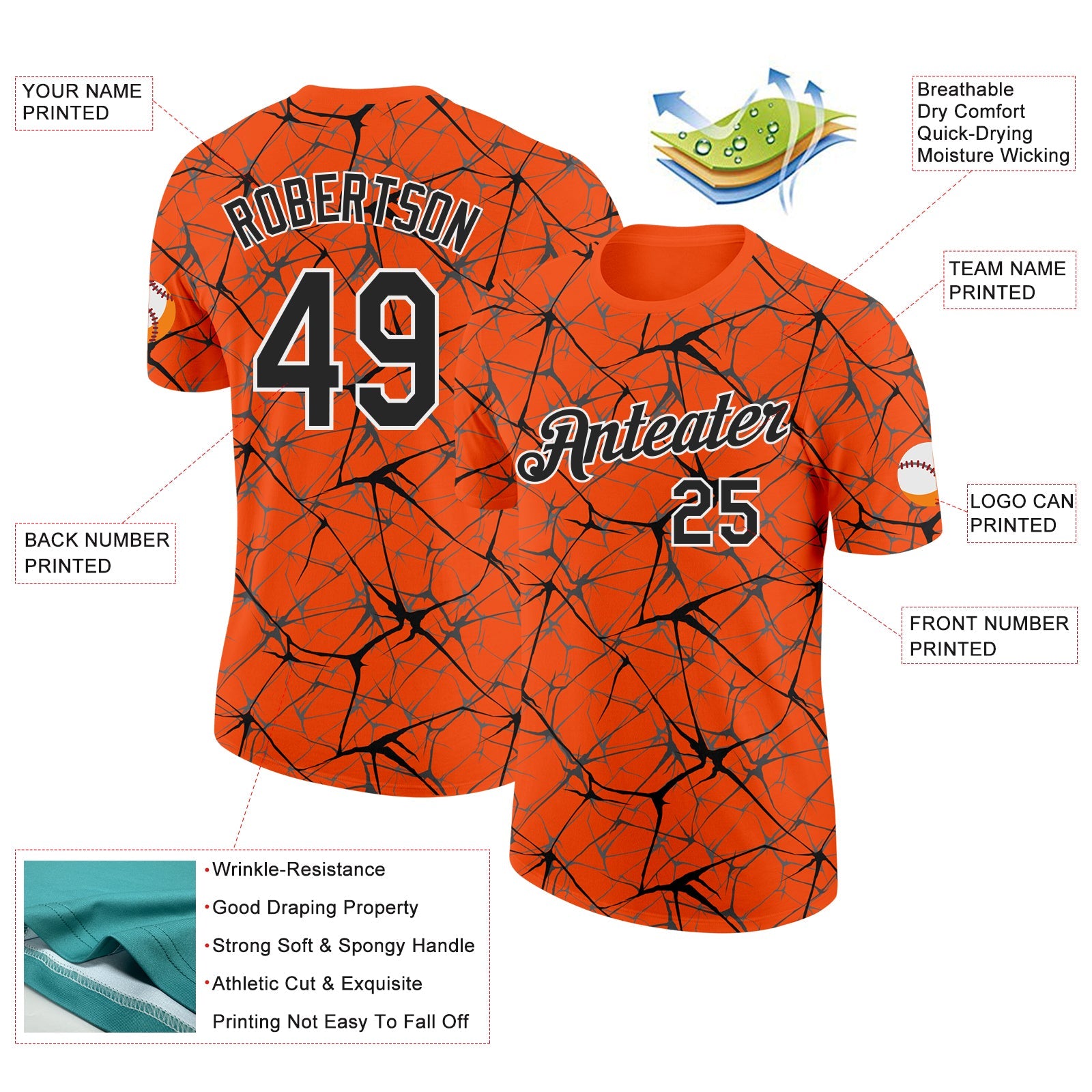 Custom Orange Black Gray-White Abstract Network Crackle Performance T-Shirt