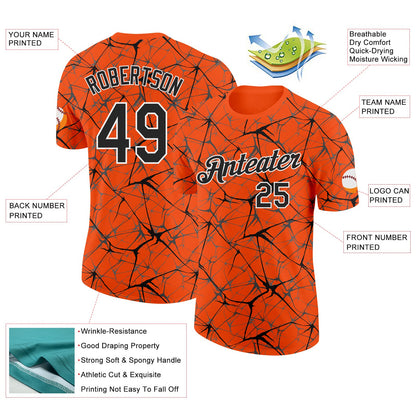 Custom Orange Black Gray-White Abstract Network Crackle Performance T-Shirt