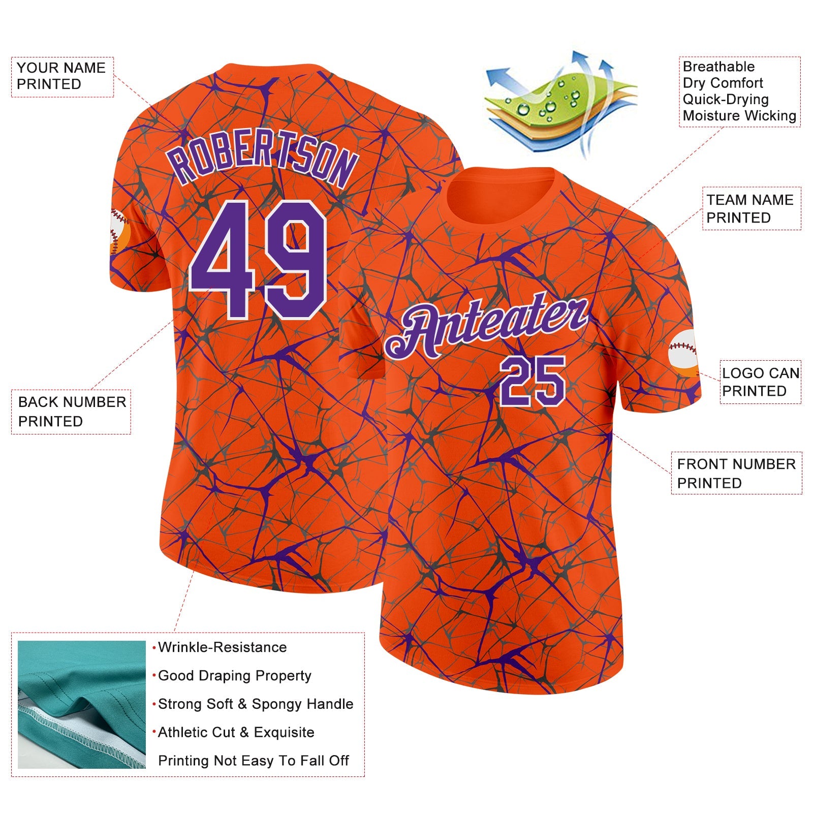 Custom Orange Purple Gray-White Abstract Network Crackle Performance T-Shirt
