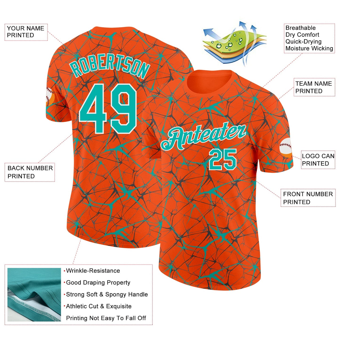 Custom Orange Aqua Gray-White Abstract Network Crackle Performance T-Shirt
