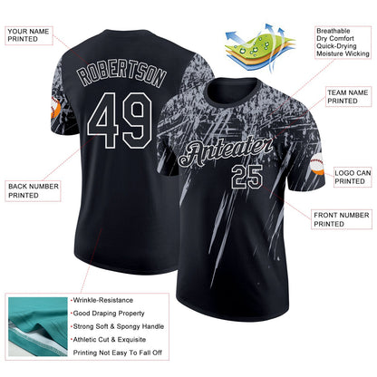 Custom Black Gray-White Distressed Scratch Brush Stroke Performance T-Shirt