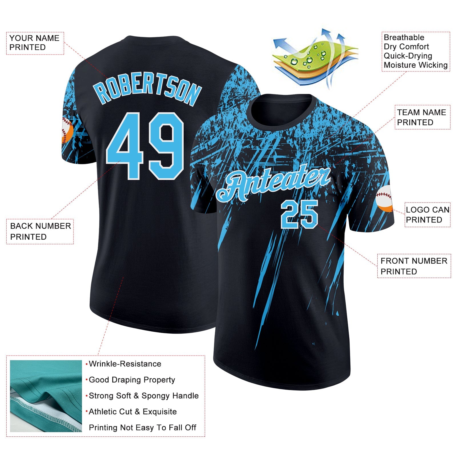 Custom Black Sky Blue-White Distressed Scratch Brush Stroke Performance T-Shirt