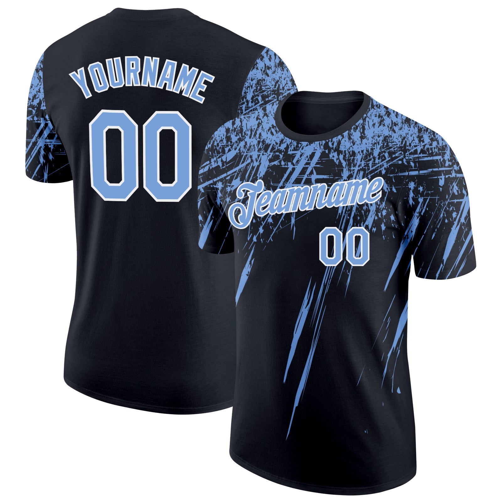Custom Black Powder Blue-White Distressed Scratch Brush Stroke Performance T-Shirt