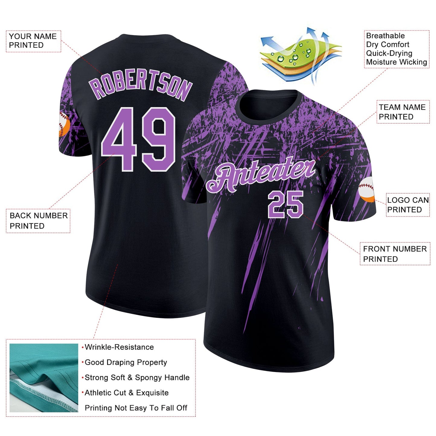 Custom Black Medium Purple-White Distressed Scratch Brush Stroke Performance T-Shirt