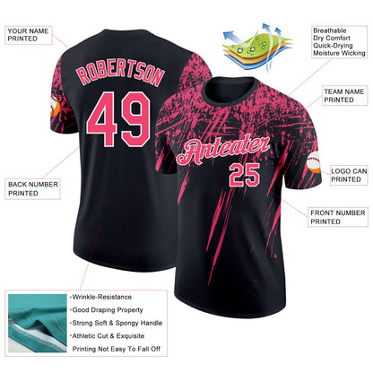 Custom Black Neon Pink-White Distressed Scratch Brush Stroke Performance T-Shirt