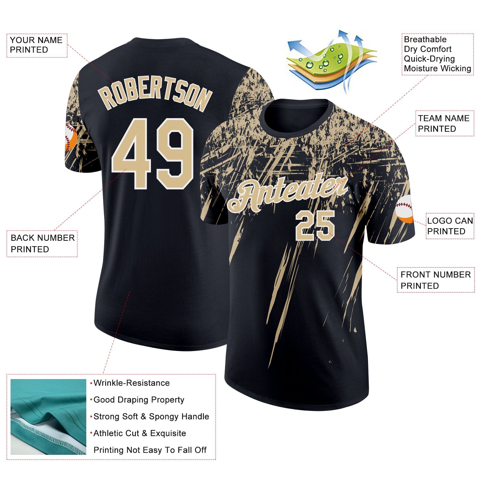 Custom Black Vegas Gold-White Distressed Scratch Brush Stroke Performance T-Shirt