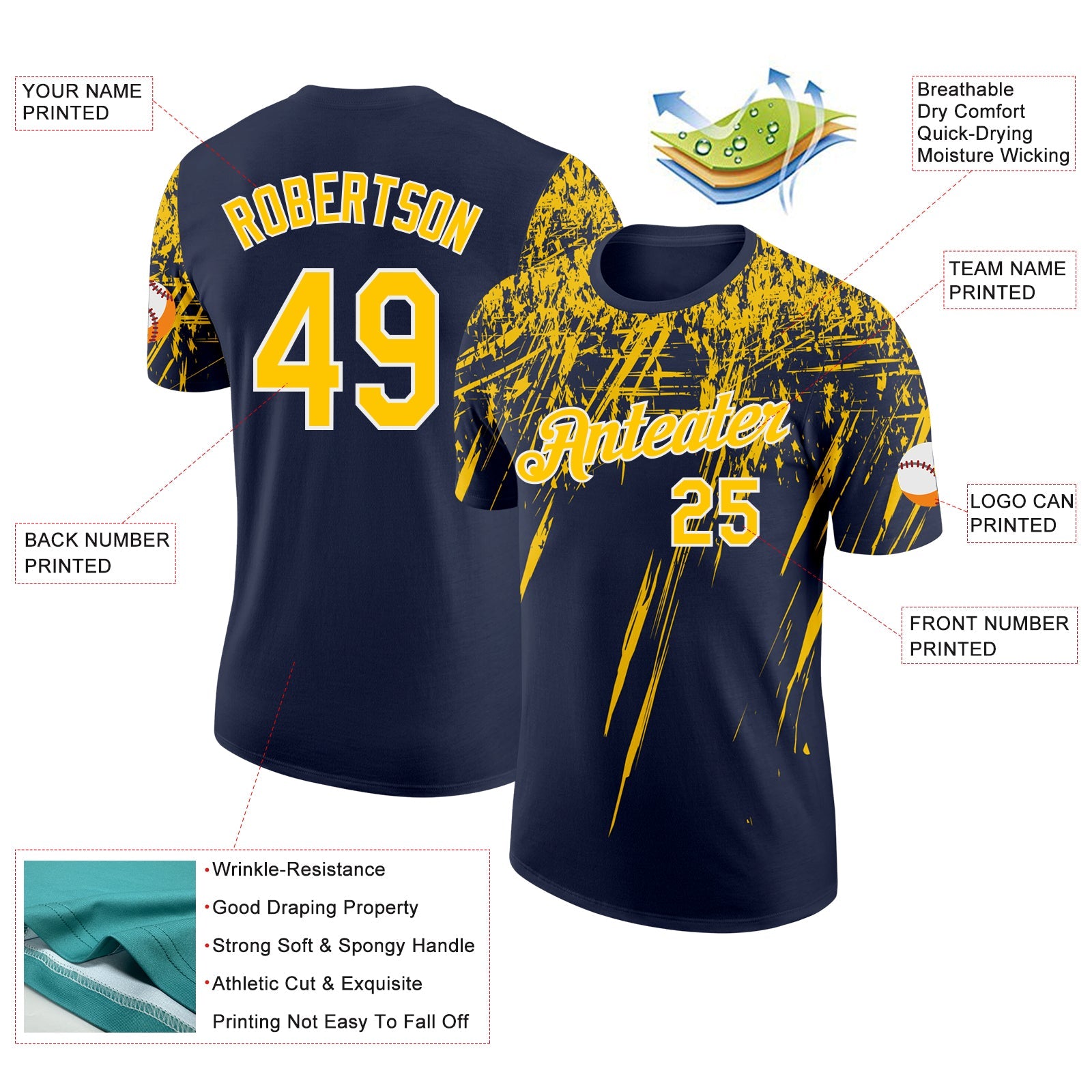 Custom Navy Yellow-White Distressed Scratch Brush Stroke Performance T-Shirt