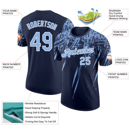Custom Navy Light Blue-White Distressed Scratch Brush Stroke Performance T-Shirt