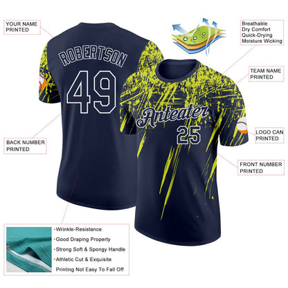 Custom Navy Neon Yellow-White Distressed Scratch Brush Stroke Performance T-Shirt