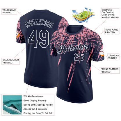 Custom Navy Medium Pink-White Distressed Scratch Brush Stroke Performance T-Shirt