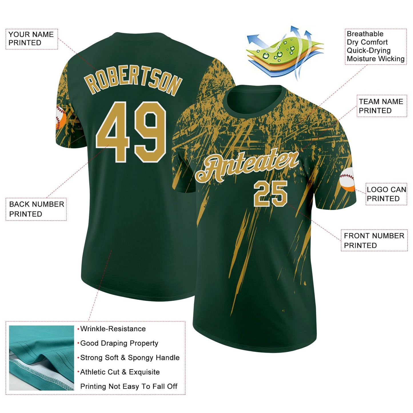 Custom Green Old Gold-White Distressed Scratch Brush Stroke Performance T-Shirt