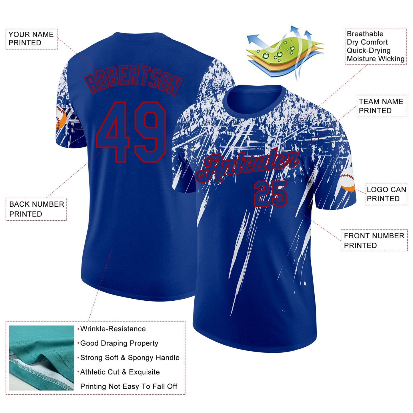 Custom Royal White-Red Distressed Scratch Brush Stroke Performance T-Shirt